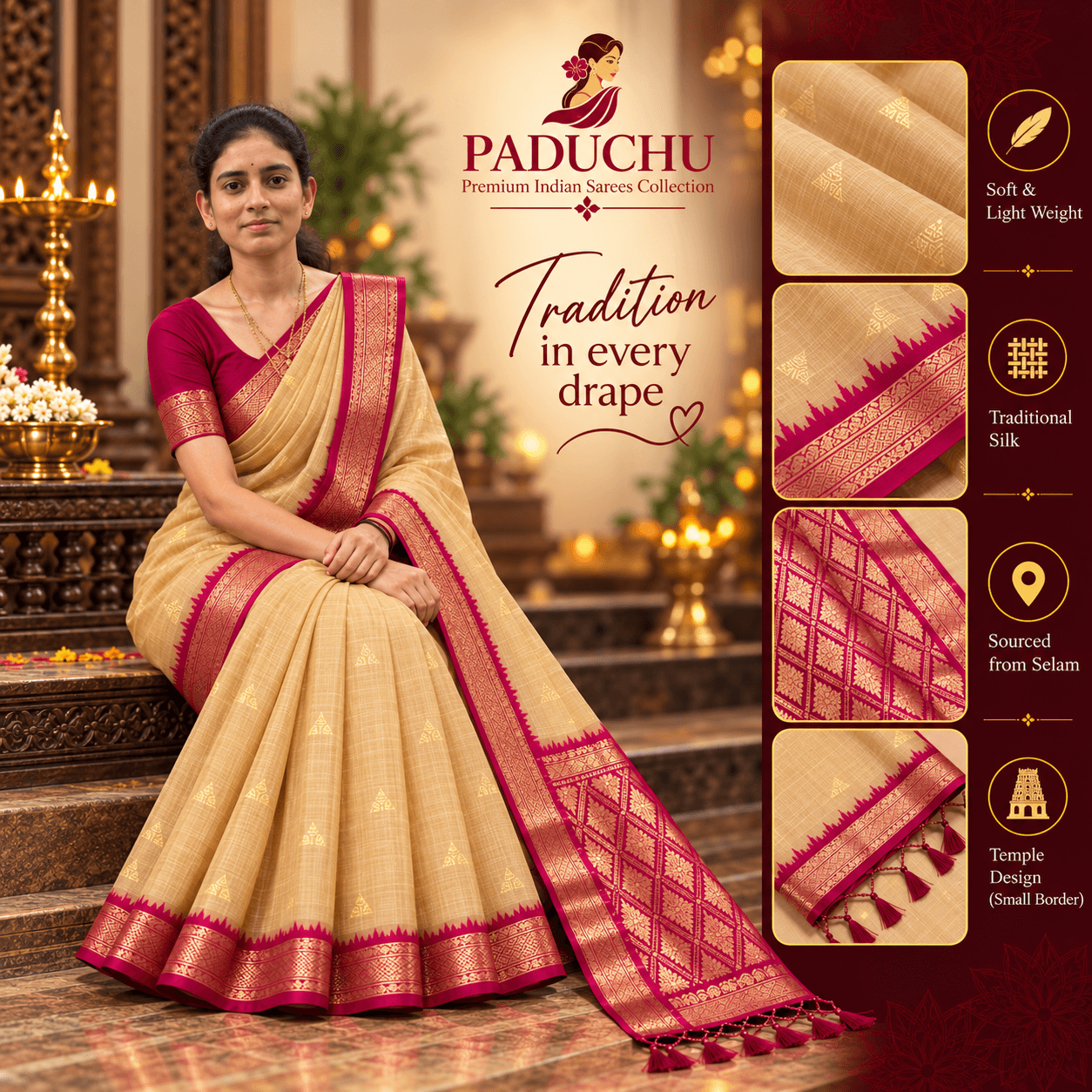 Champagne silk saree with a magenta temple border