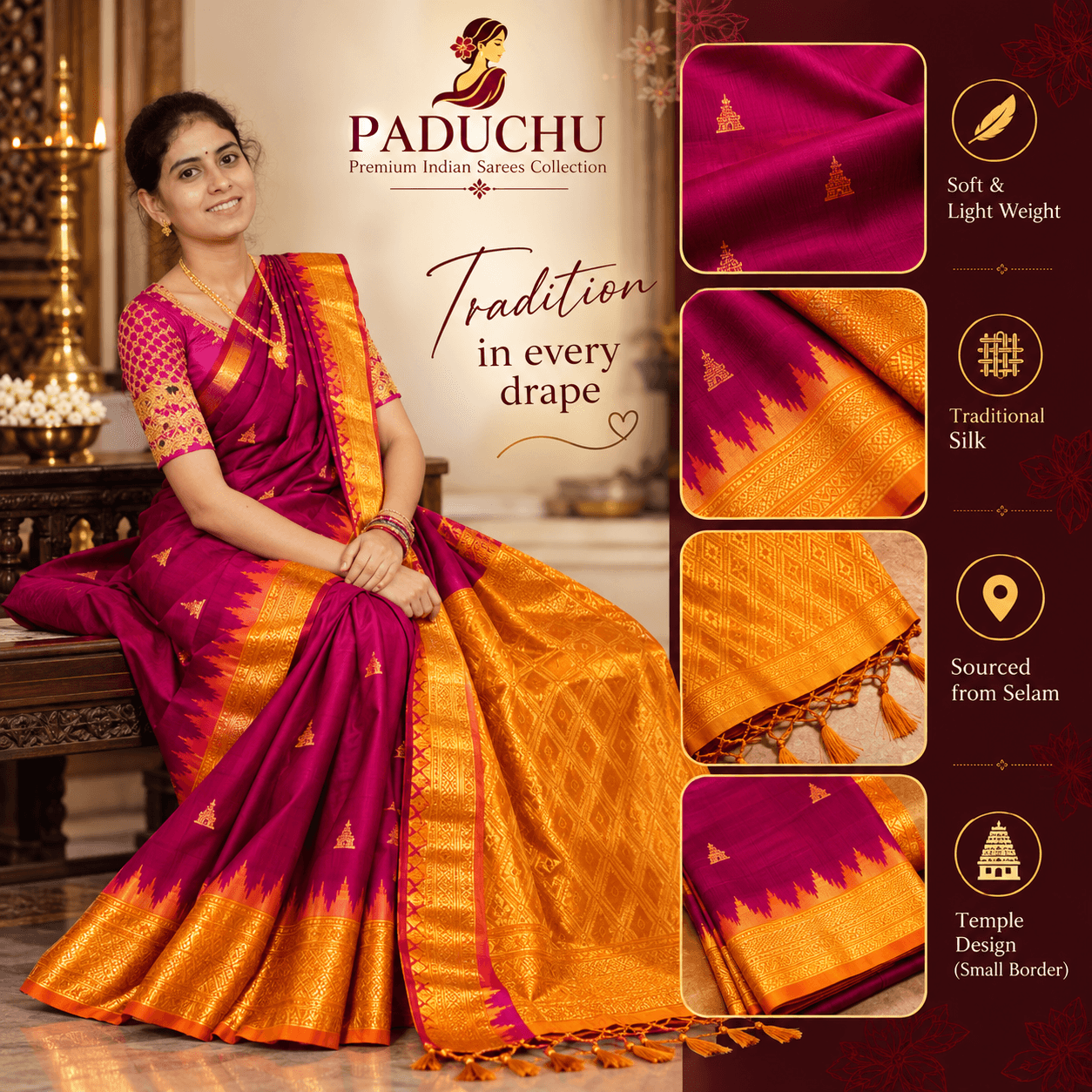 Magenta silk saree with a gold temple border